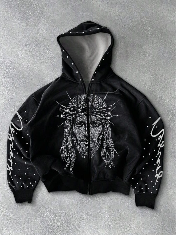 URBAN-UNCLE Streetrust Men's Minimalist Printed Rhinestone Decor 2000s Style Hoodie